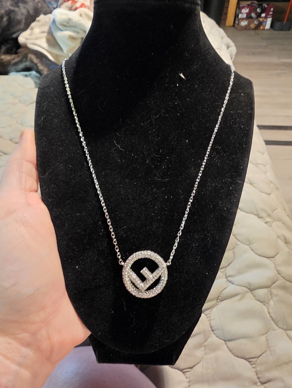 USED...Fendi Silver Crystal Circle Pendant Necklace - Elegant Women's Jewelry